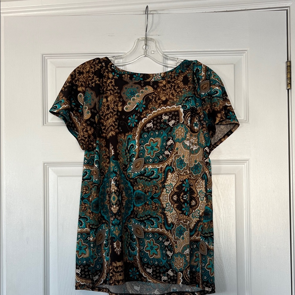 🌷6/$20🌷 Notations Teal and Brown Paisley Short Sleeve Top - Picture 4 of 4